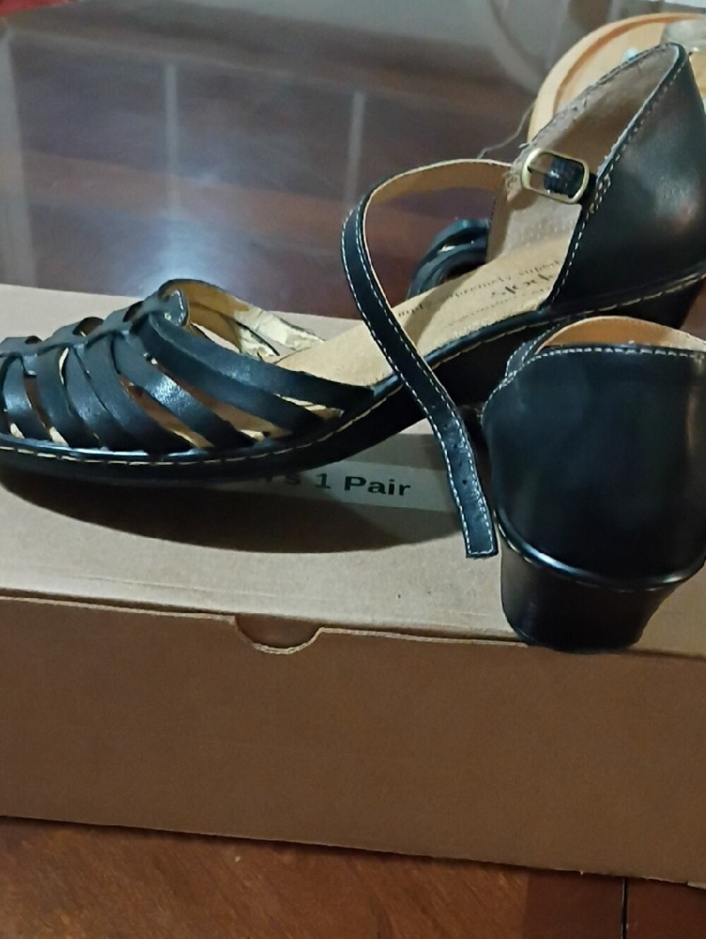 Softspots Black Strappy Peep-Toe Heels with Ankle Strap - Picture 4 of 7